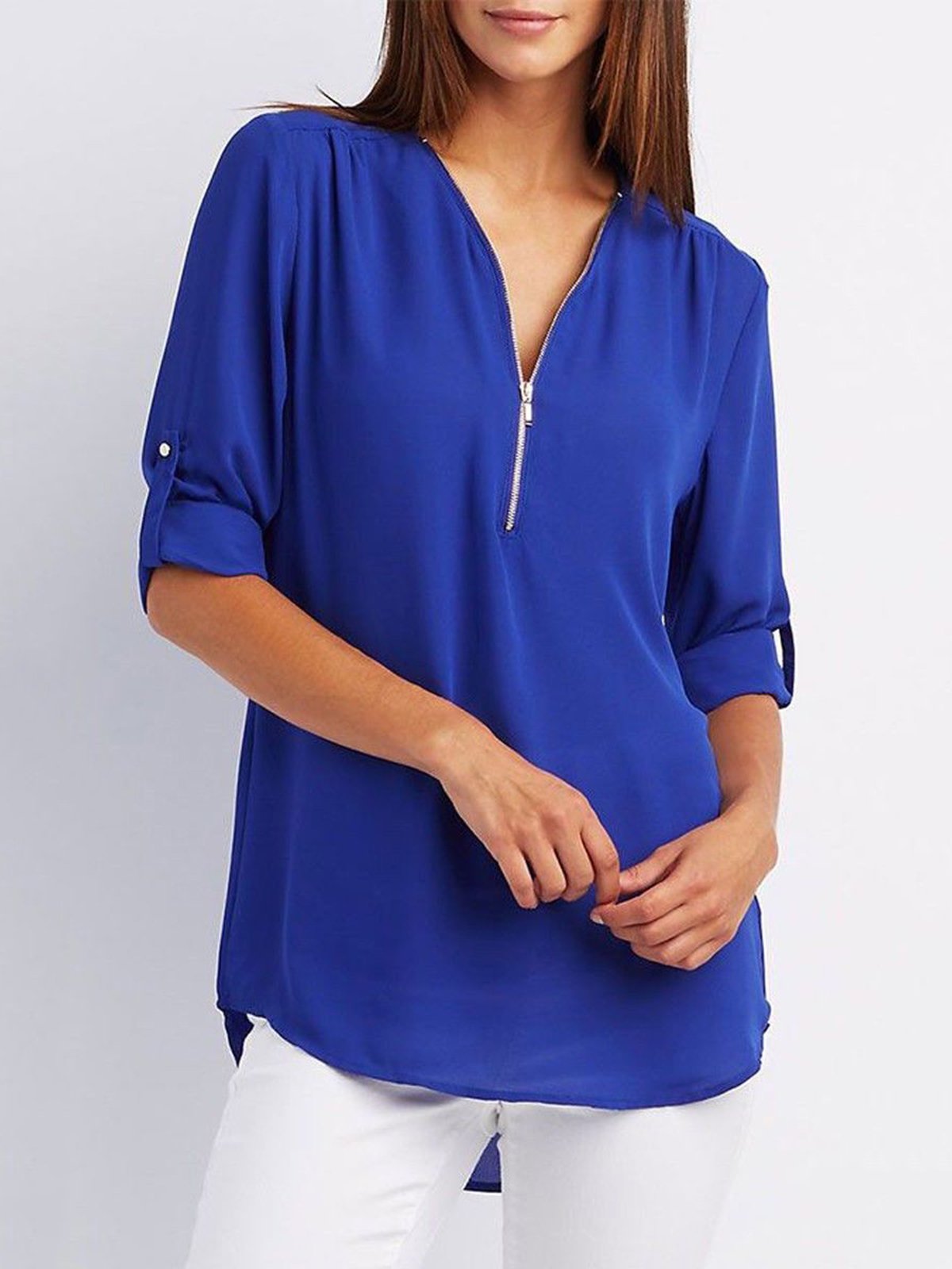 Notched Solid Half Sleeve T-shirt